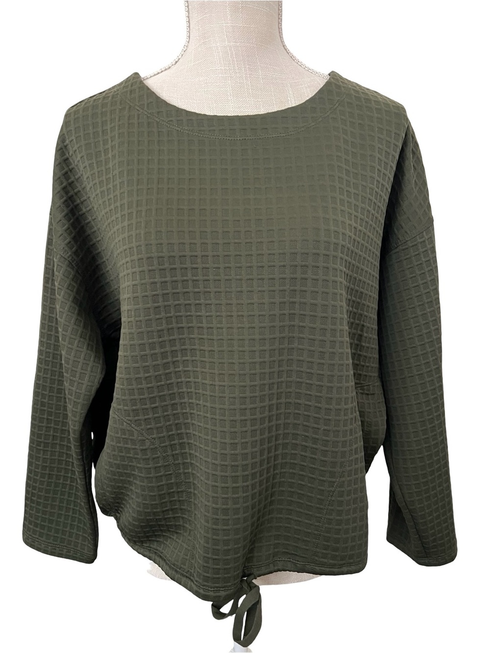 Max Studio Olive Waffle-Knit Tie-Hem Sweatshirt